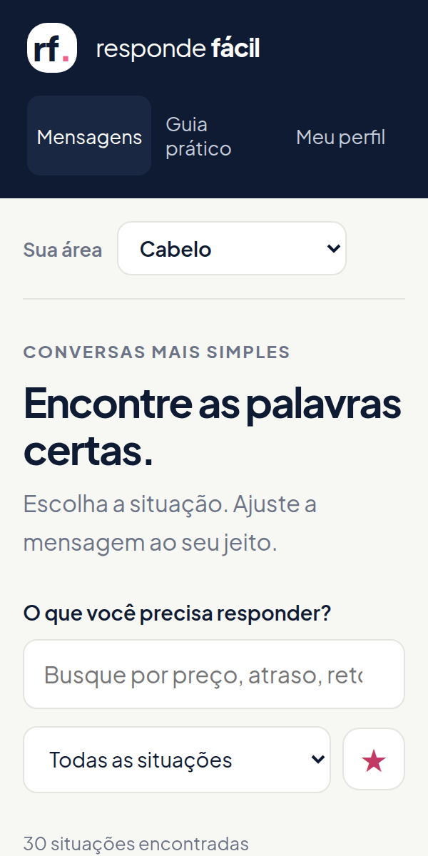 Tela inicial com busca e filtro das 30 situações