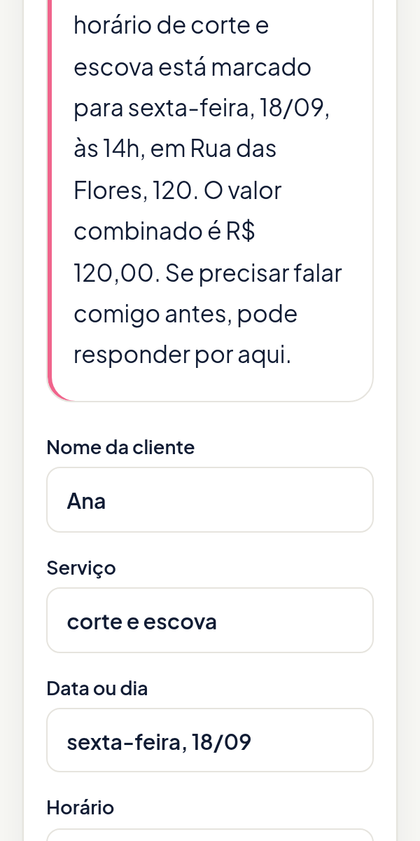 Mensagem preenchida com nome da cliente, serviço, dia, horário, local e valor