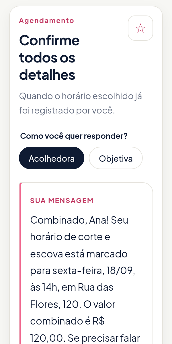 Tela do Responde Fácil com a situação Confirme todos os detalhes e a escolha entre mensagem acolhedora ou objetiva