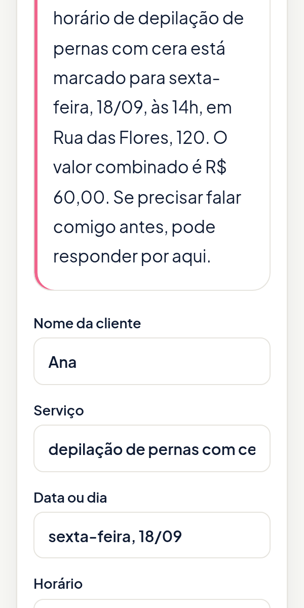 Mensagem preenchida com nome da cliente, serviço, dia, horário, local e valor