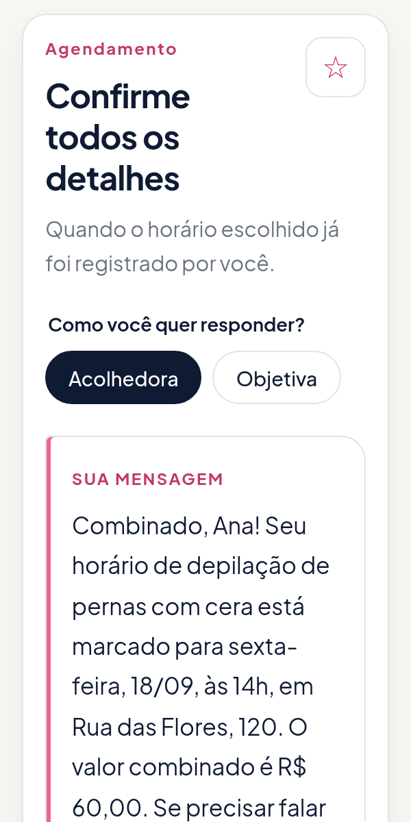 Tela do Responde Fácil com a situação Confirme todos os detalhes e a escolha entre mensagem acolhedora ou objetiva