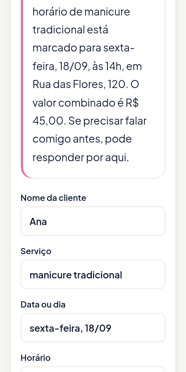 Mensagem preenchida com nome da cliente, serviço, dia, horário, local e valor