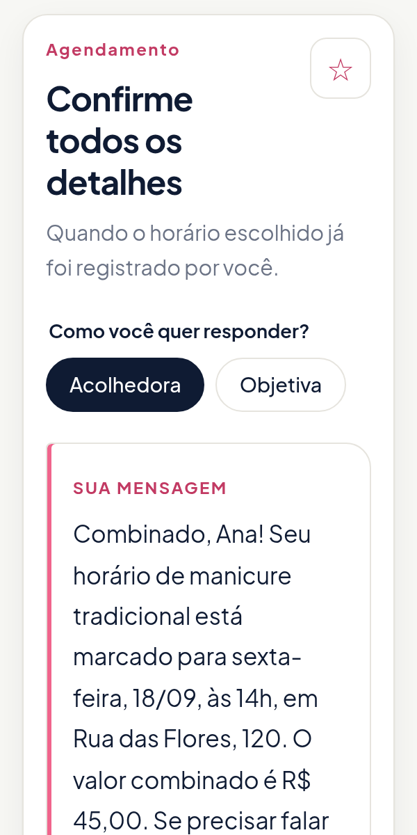 Tela do Responde Fácil com a situação Confirme todos os detalhes e a escolha entre mensagem acolhedora ou objetiva