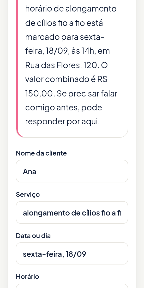 Mensagem preenchida com nome da cliente, serviço, dia, horário, local e valor