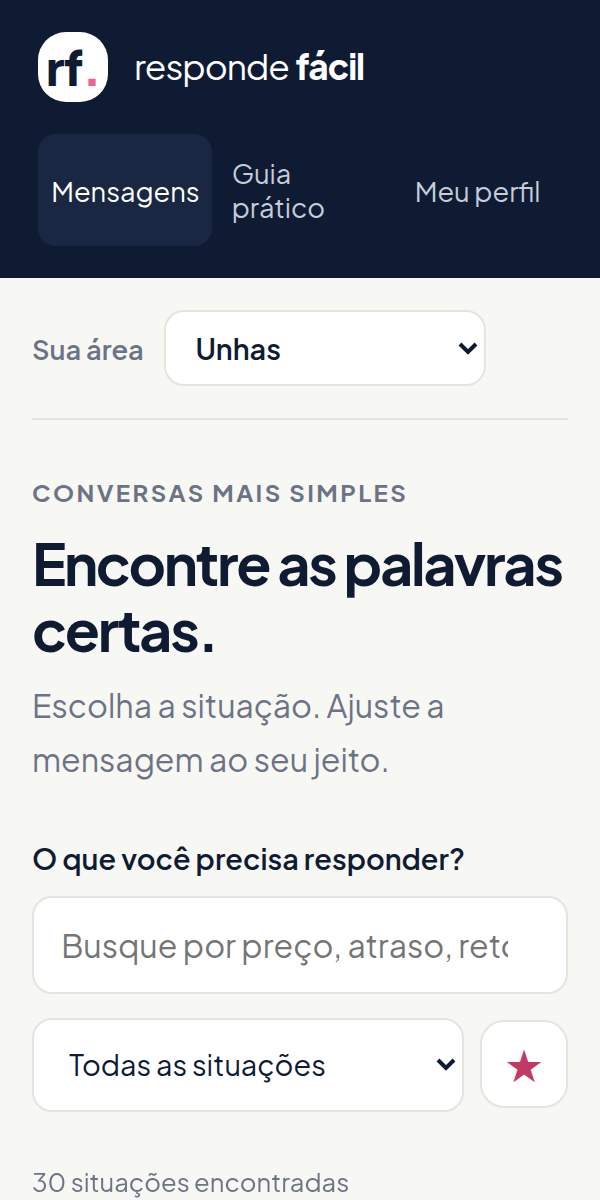 Tela inicial com busca e filtro das 30 situações