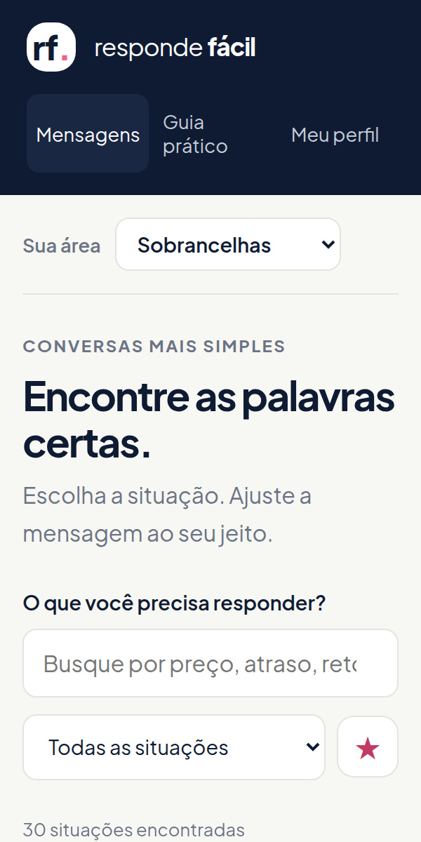 Tela inicial com busca e filtro das 30 situações