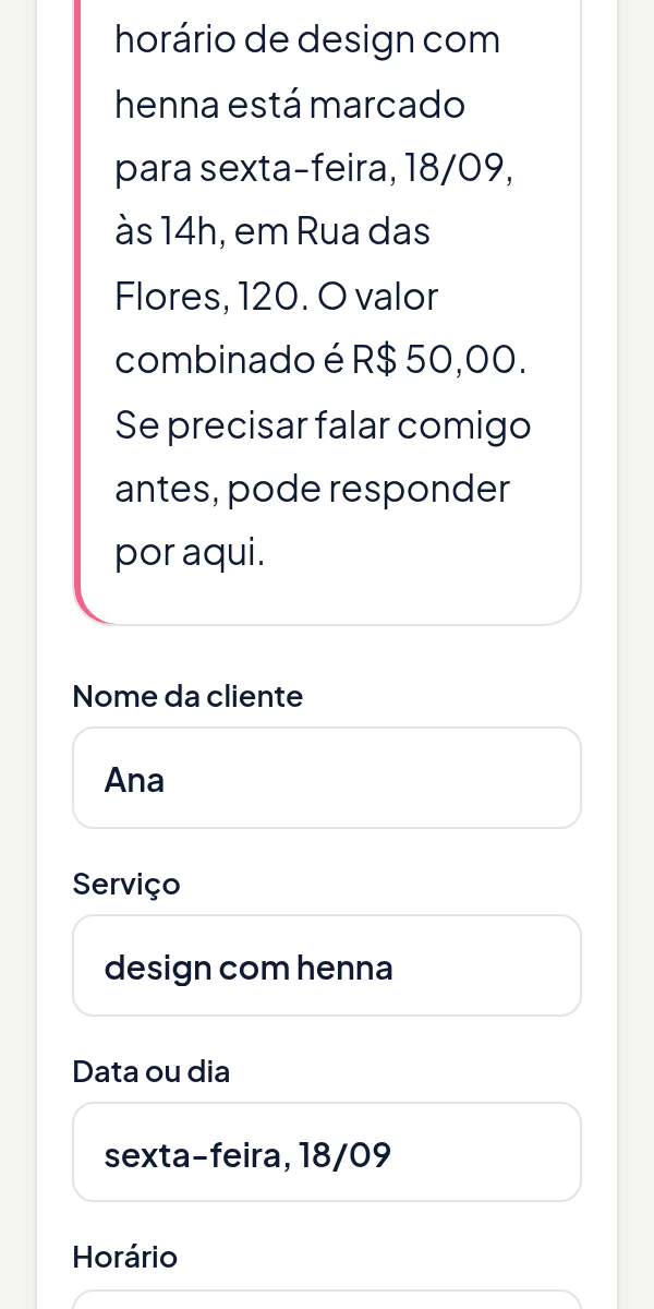 Mensagem preenchida com nome da cliente, serviço, dia, horário, local e valor
